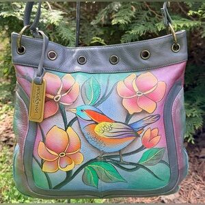 Anuschka Hand-Painted Leather Shoulder Bag - Bird & Floral Design